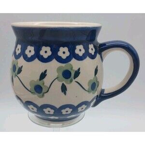 Polish Pottery Mug Boleslawiec Green Floral Handmade Poland Bubble Coffee Tea